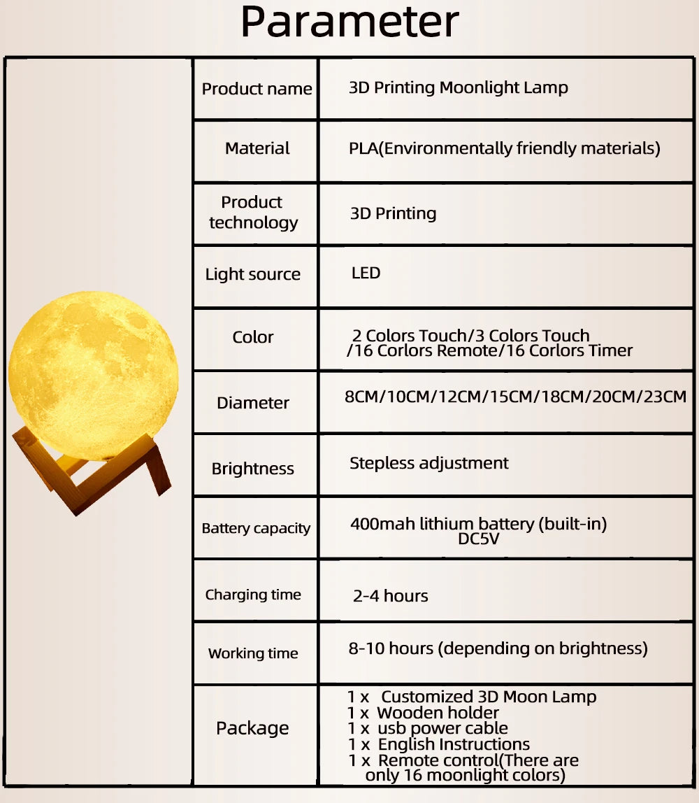 Customized 3D Printing Moon Lamp Personalized Photo Text Night Light