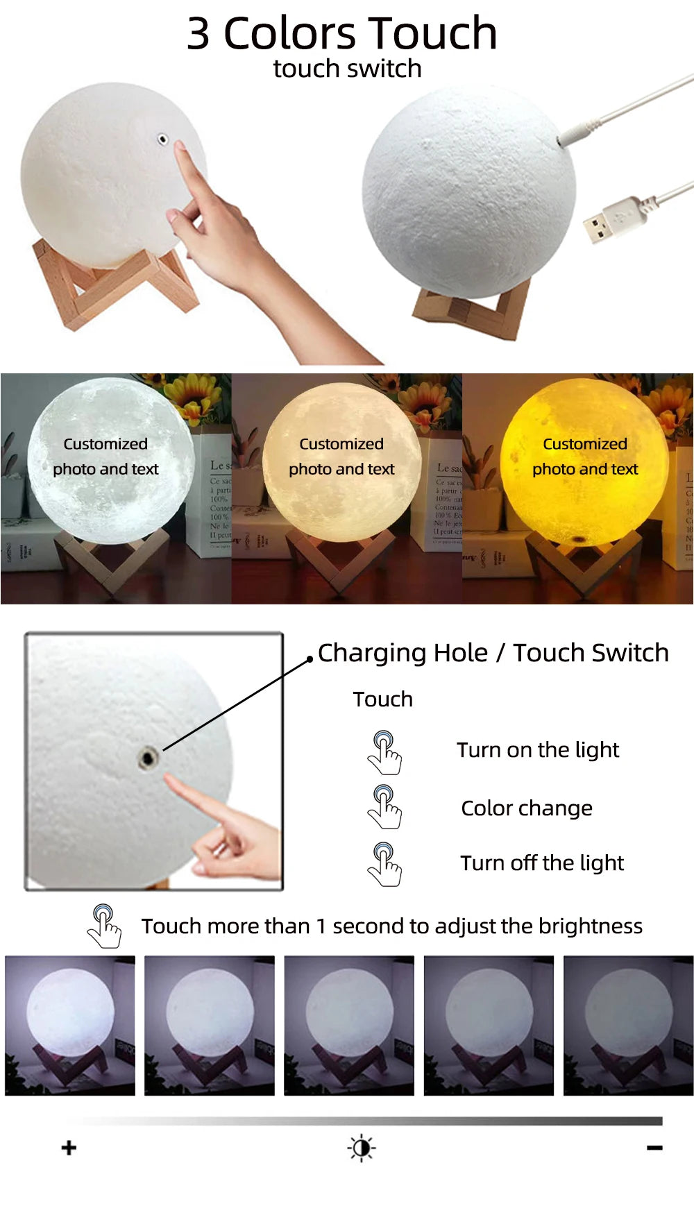 Customized 3D Printing Moon Lamp Personalized Photo Text Night Light