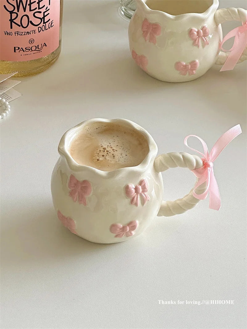 Handmade Irregular Mug, Pink Three-dimensional Bow Coffee Cup, Artistic Niche Mug Gift Ceramic Water Cup
