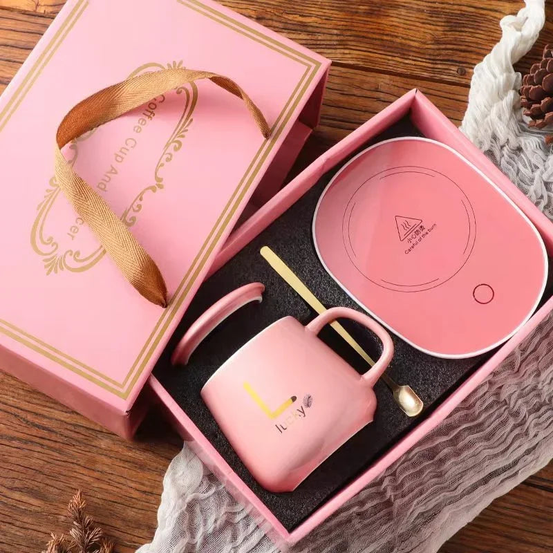 USB Recharge Warm Soup Cups Coffee Mug with Lid and Gift Box Storage Bag Set Ceramics Cup with Stainless Steel Spoon Coffee Cups