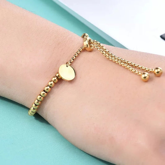 Stainless Steel Golden Bead Bracelet for Women Fashion Adjustable Chain Bracelets Daily Party Jewelry