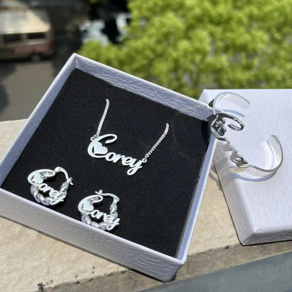 Jewelry Set Personalized Letter Necklace Customized Name Bangles Stainless Steel Mini Hoop Earrings 18mm