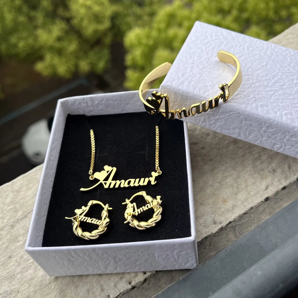Jewelry Set Personalized Letter Necklace Customized Name Bangles Stainless Steel Mini Hoop Earrings 18mm