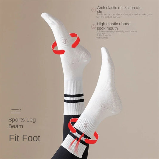 1 pair of women's yoga socks, skipping rope sports socks, Pilates indoor anti slip floor socks, double bar mid leg socks