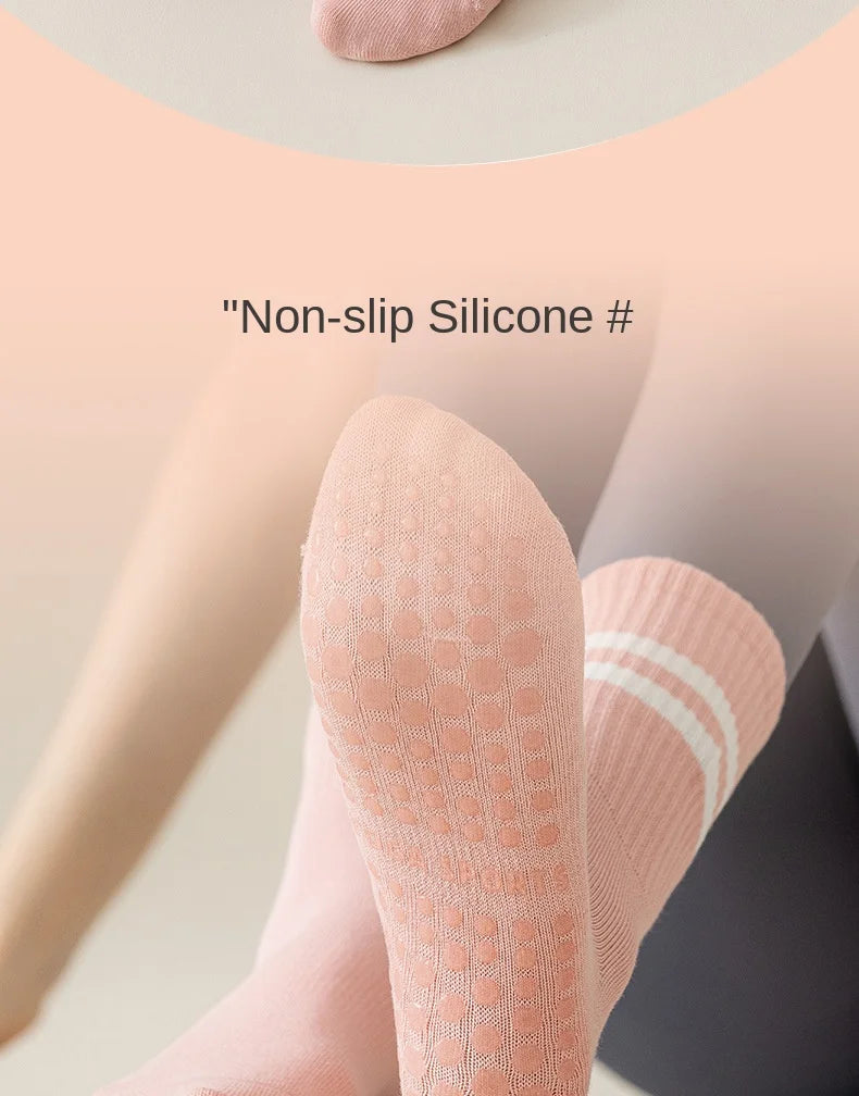 1 pair of women's yoga socks, skipping rope sports socks, Pilates indoor anti slip floor socks, double bar mid leg socks