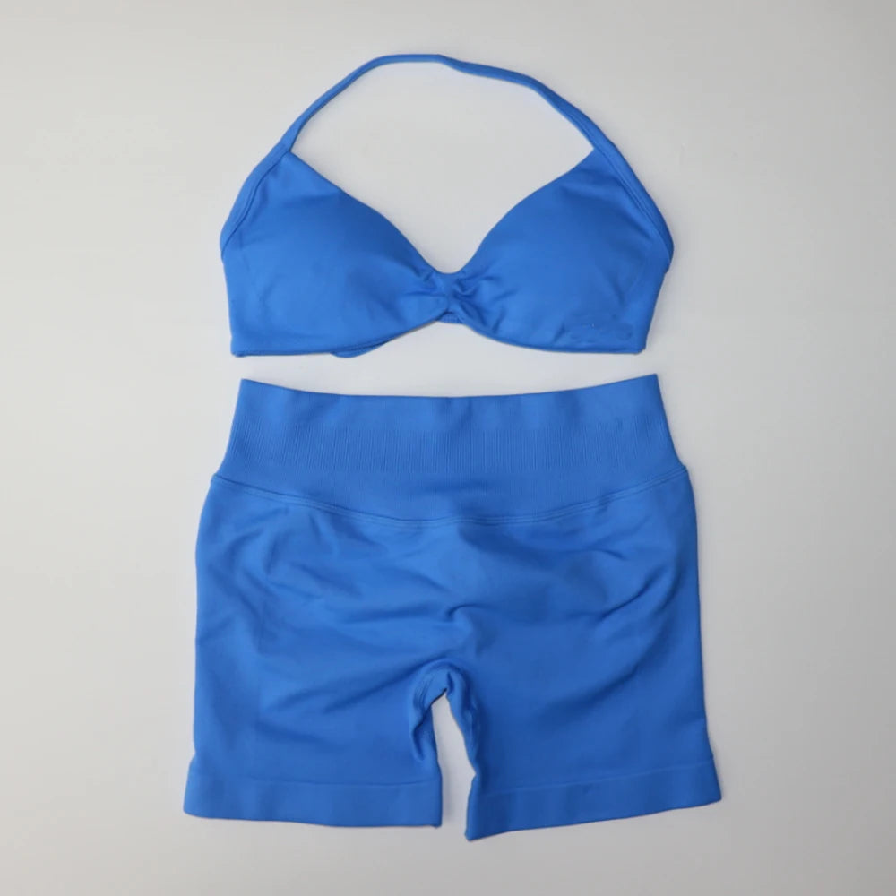Impact Gym Set 2 Piece Women Strappy Yoga Bra Top Workout Scrunch Shorts Sports Suit Fitness Clothes