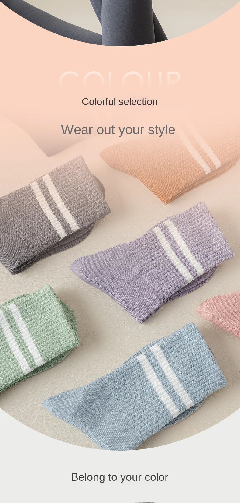1 pair of women's yoga socks, skipping rope sports socks, Pilates indoor anti slip floor socks, double bar mid leg socks