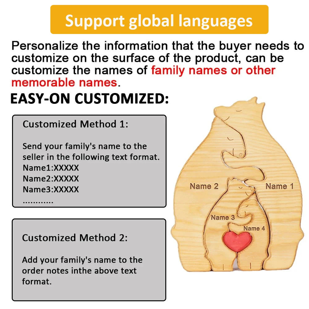 Personalized Custom Bear Family Wooden Puzzle DIY Free Engraving Name Sculpture Home DeskDecor Figurines Christmas Birthday Gift