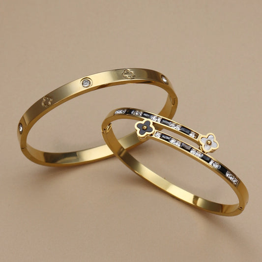 Stainless Steel Bangle Four-leaf Clover Crystal Design Stacking Bracelet Suitable For Women's Jewellery Party