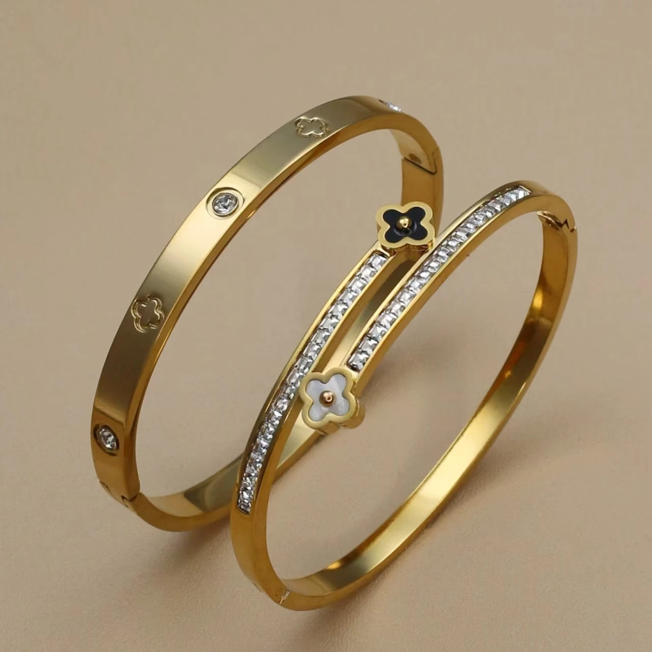 Stainless Steel Bangle Four-leaf Clover Crystal Design Stacking Bracelet Suitable For Women's Jewellery Party