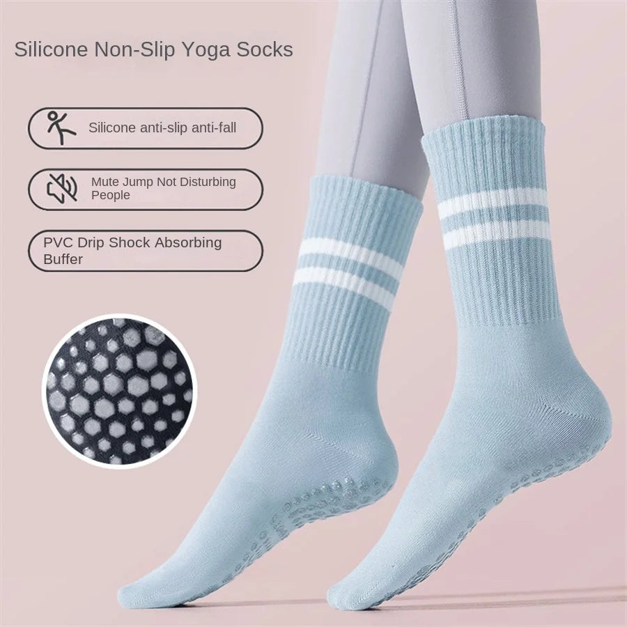 1 pair of women's yoga socks, skipping rope sports socks, Pilates indoor anti slip floor socks, double bar mid leg socks