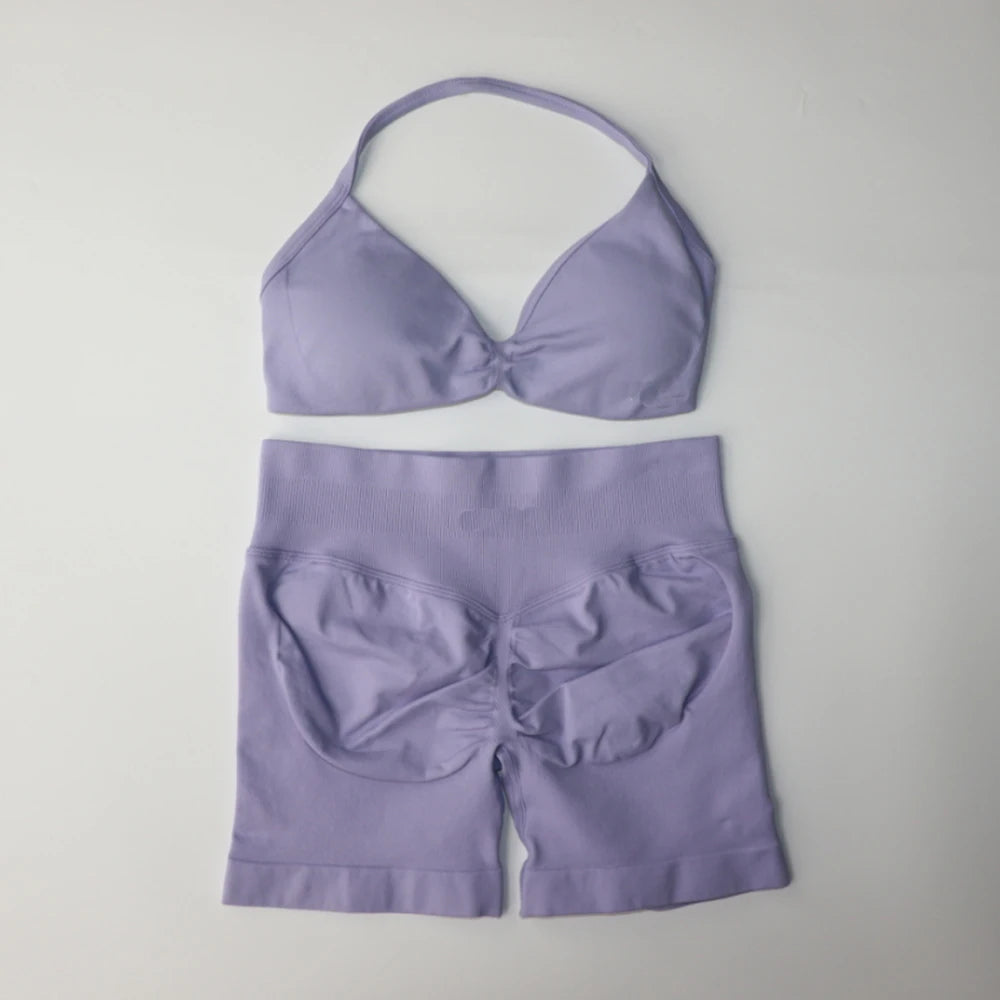 Impact Gym Set 2 Piece Women Strappy Yoga Bra Top Workout Scrunch Shorts Sports Suit Fitness Clothes