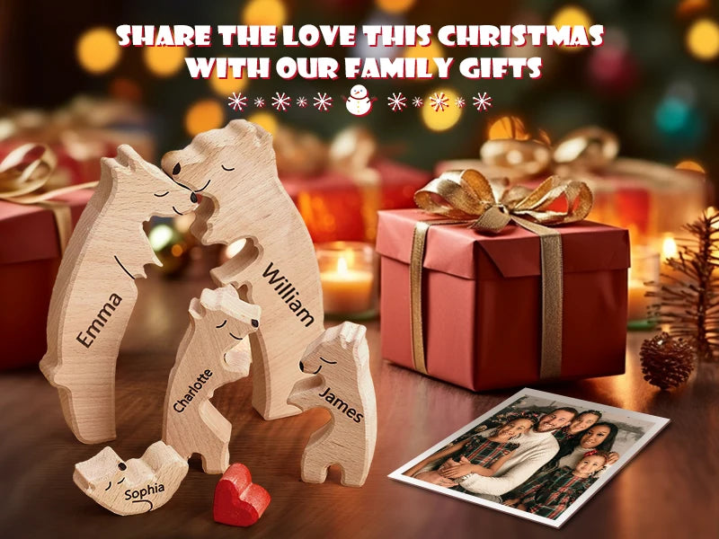 Personalized Custom Bear Family Wooden Puzzle DIY Free Engraving Name Sculpture Home DeskDecor Figurines Christmas Birthday Gift