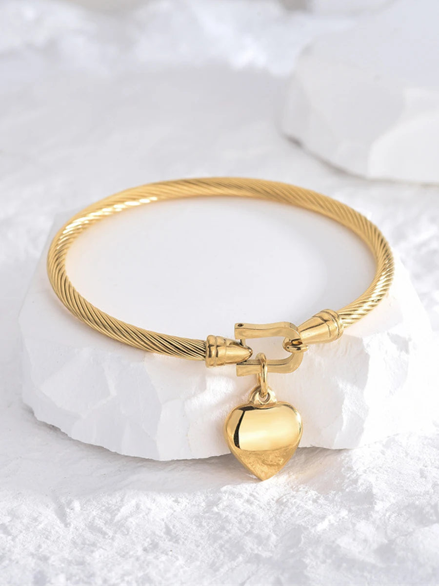 18k Gold Color Stainless Steel Heart Pendant Charm Bangle Bracelet