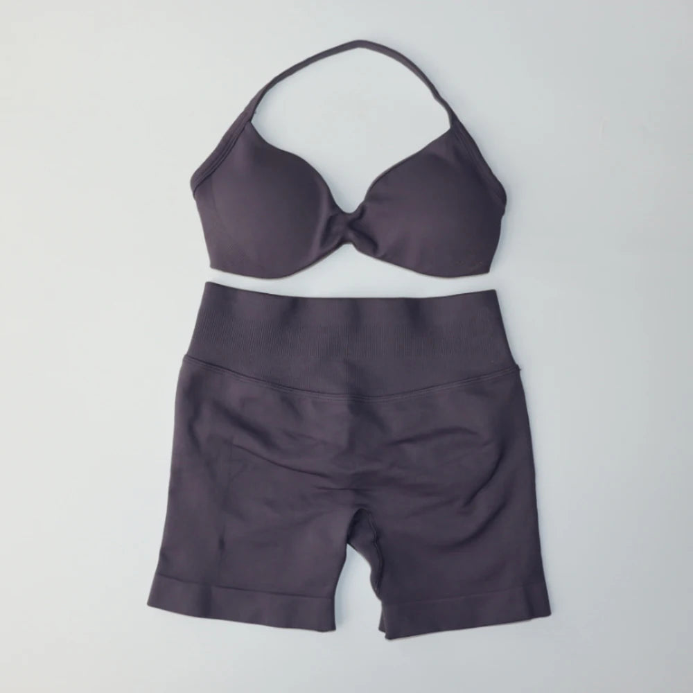 Impact Gym Set 2 Piece Women Strappy Yoga Bra Top Workout Scrunch Shorts Sports Suit Fitness Clothes