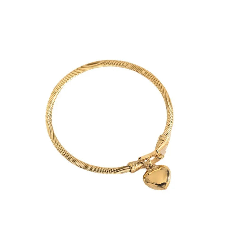18k Gold Color Stainless Steel Heart Pendant Charm Bangle Bracelet