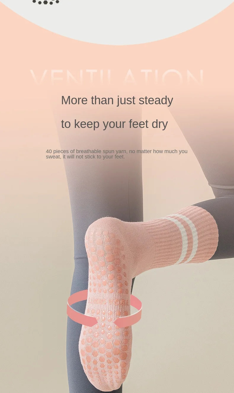 1 pair of women's yoga socks, skipping rope sports socks, Pilates indoor anti slip floor socks, double bar mid leg socks