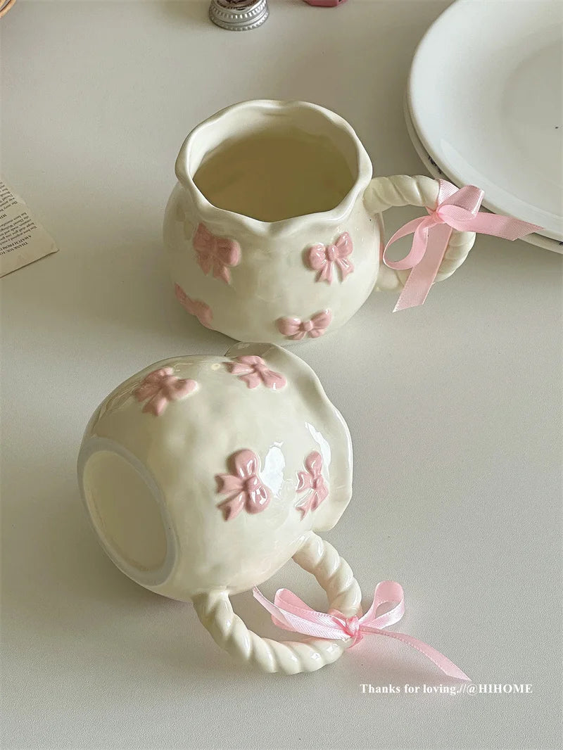 Handmade Irregular Mug, Pink Three-dimensional Bow Coffee Cup, Artistic Niche Mug Gift Ceramic Water Cup