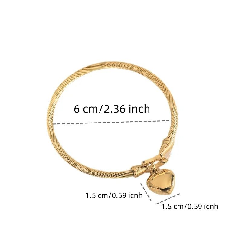 18k Gold Color Stainless Steel Heart Pendant Charm Bangle Bracelet