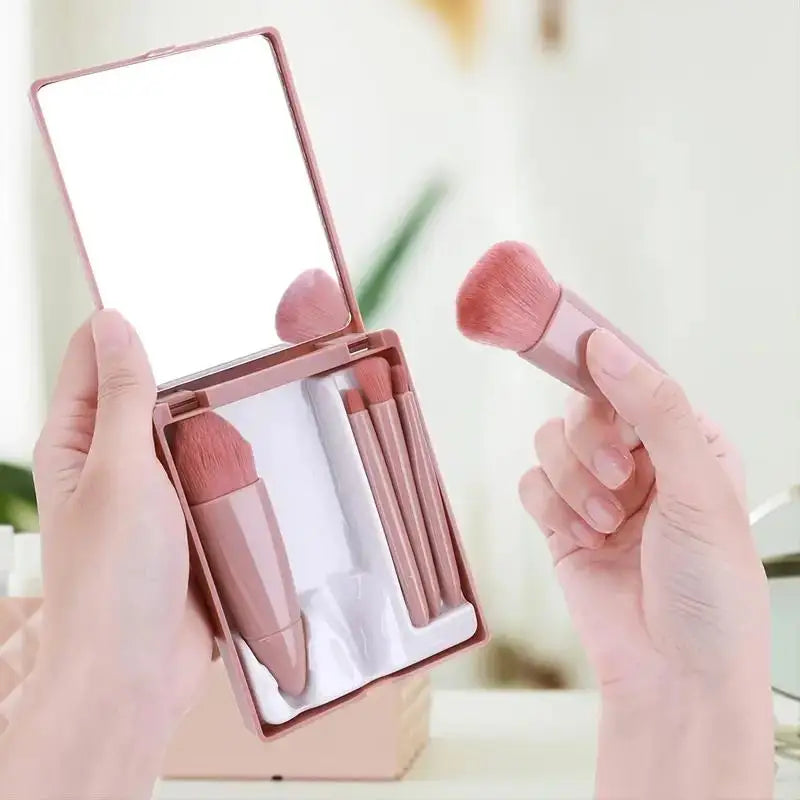 5pcs Mini Travel Makeup Brush Set with Case & Mirror – Compact & Complete