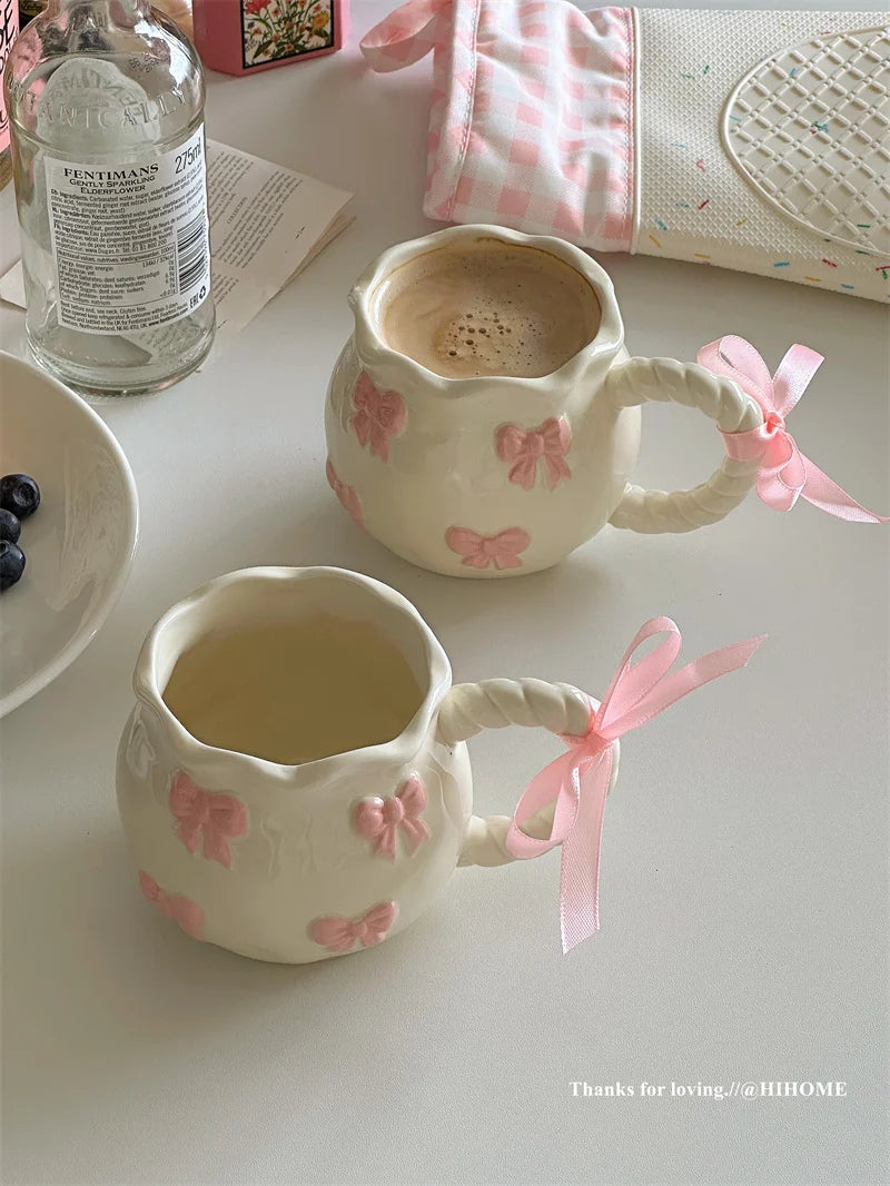 Handmade Irregular Mug, Pink Three-dimensional Bow Coffee Cup, Artistic Niche Mug Gift Ceramic Water Cup