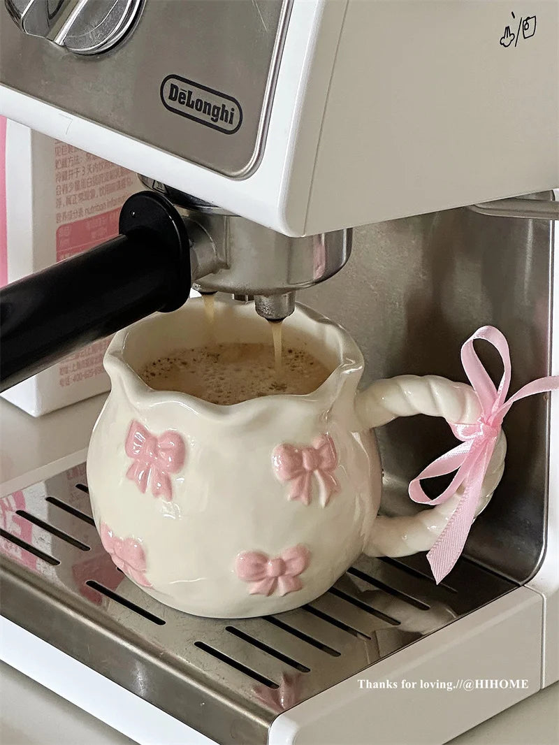 Handmade Irregular Mug, Pink Three-dimensional Bow Coffee Cup, Artistic Niche Mug Gift Ceramic Water Cup
