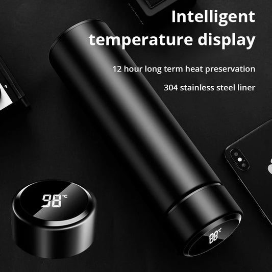 1pc 500ml Black Stainless Steel Creative Smart Thermos BottleTemperature Display Thermal Mug Male Female Portable Business Gift