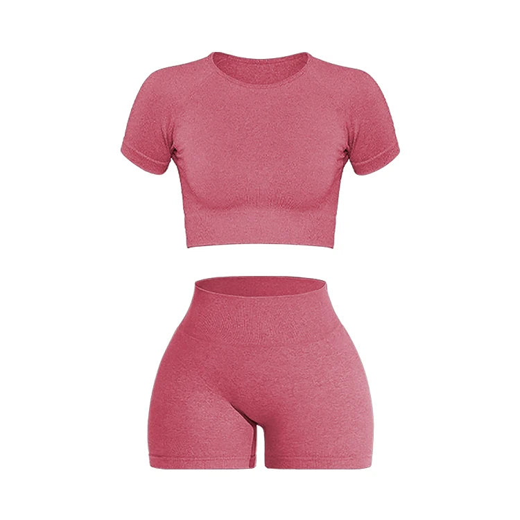 2PCS Women's Sports Yoga Set Seamless Ribbed Knitted Fitness Sportswear