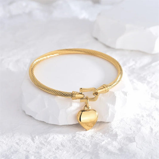 18k Gold Color Stainless Steel Heart Pendant Charm Bangle Bracelet