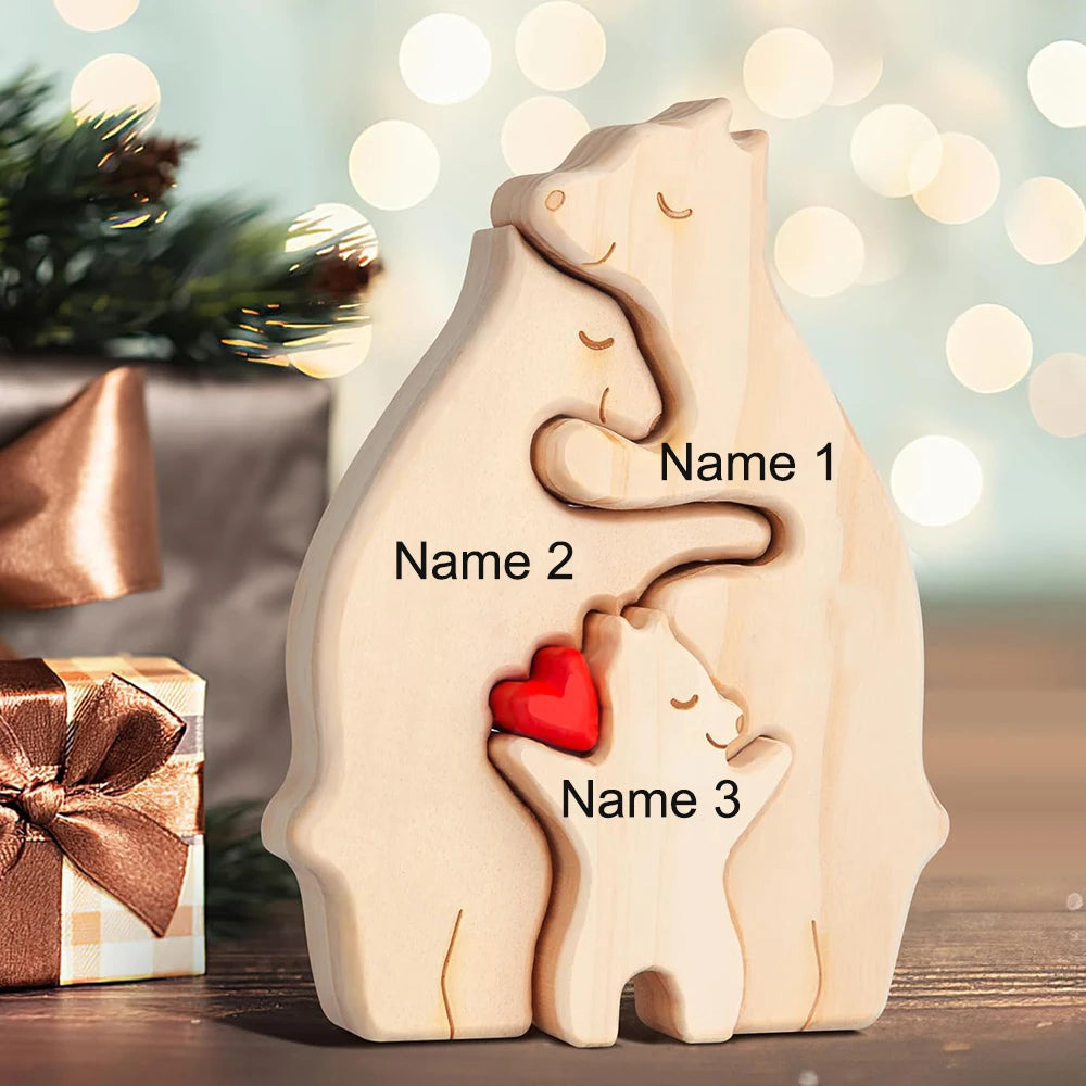 Personalized Custom Bear Family Wooden Puzzle DIY Free Engraving Name Sculpture Home DeskDecor Figurines Christmas Birthday Gift