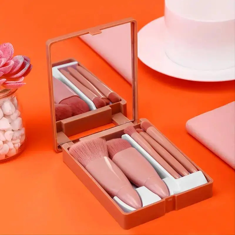 5pcs Mini Travel Makeup Brush Set with Case & Mirror – Compact & Complete