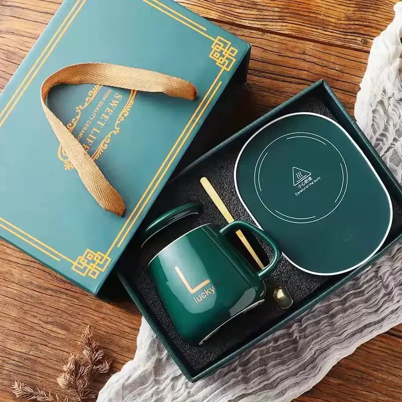 USB Recharge Warm Soup Cups Coffee Mug with Lid and Gift Box Storage Bag Set Ceramics Cup with Stainless Steel Spoon Coffee Cups