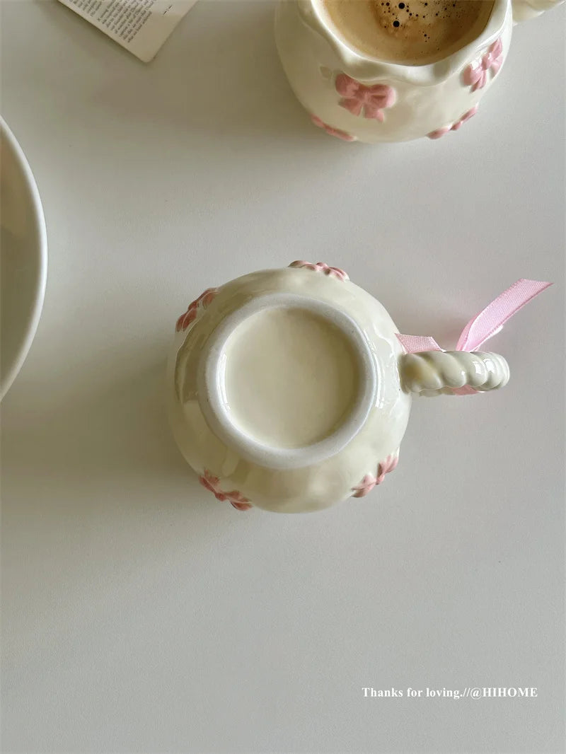 Handmade Irregular Mug, Pink Three-dimensional Bow Coffee Cup, Artistic Niche Mug Gift Ceramic Water Cup
