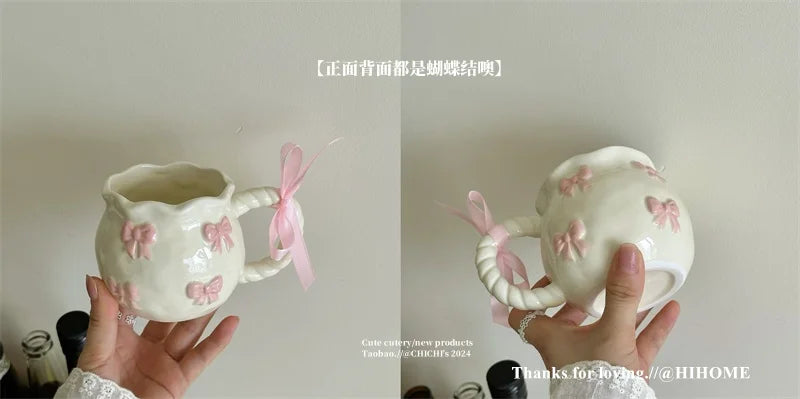 Handmade Irregular Mug, Pink Three-dimensional Bow Coffee Cup, Artistic Niche Mug Gift Ceramic Water Cup