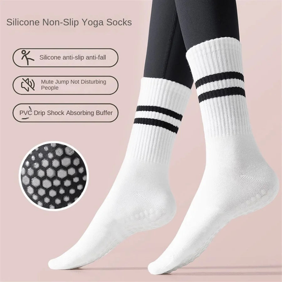 1 pair of women's yoga socks, skipping rope sports socks, Pilates indoor anti slip floor socks, double bar mid leg socks