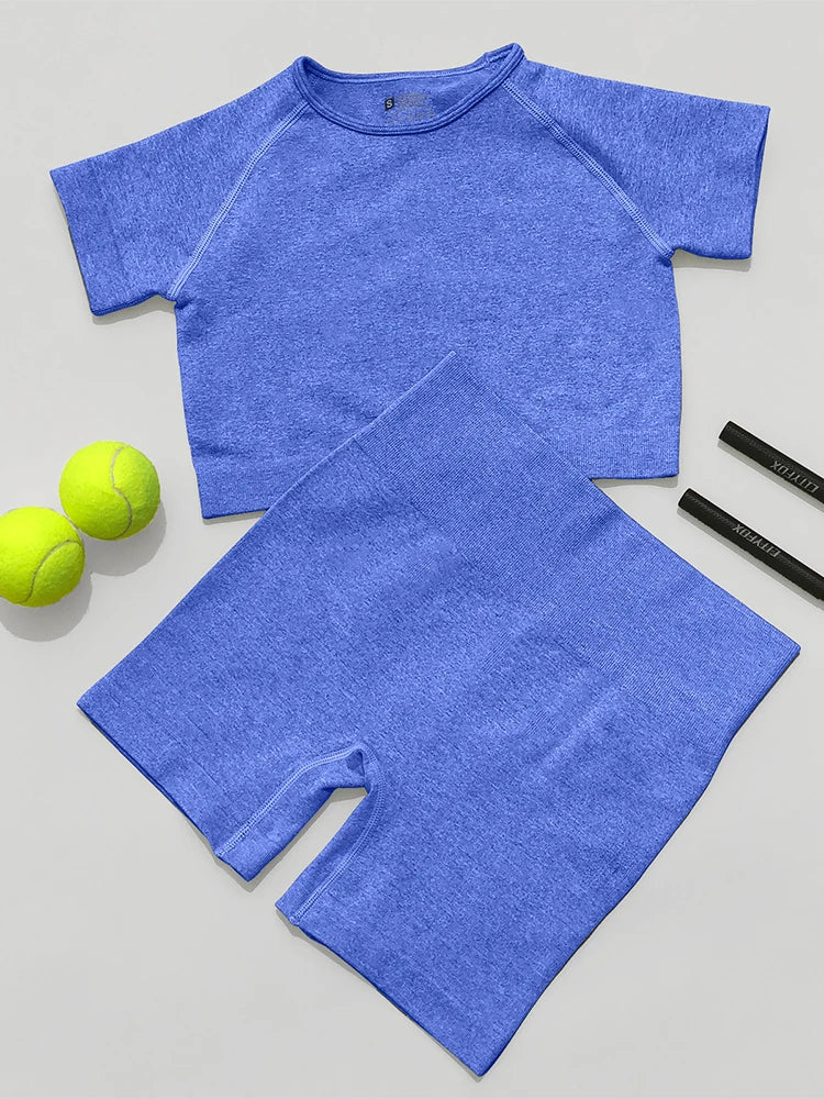 2PCS Women's Sports Yoga Set Seamless Ribbed Knitted Fitness Sportswear