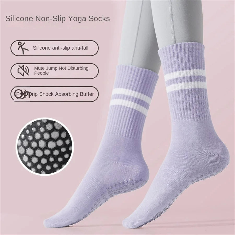 1 pair of women's yoga socks, skipping rope sports socks, Pilates indoor anti slip floor socks, double bar mid leg socks