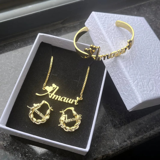 Jewelry Set Personalized Letter Necklace Customized Name Bangles Stainless Steel Mini Hoop Earrings 18mm