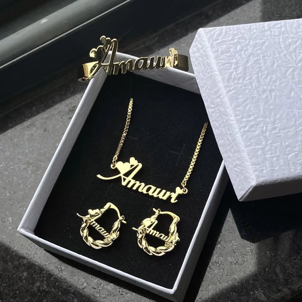 Jewelry Set Personalized Letter Necklace Customized Name Bangles Stainless Steel Mini Hoop Earrings 18mm