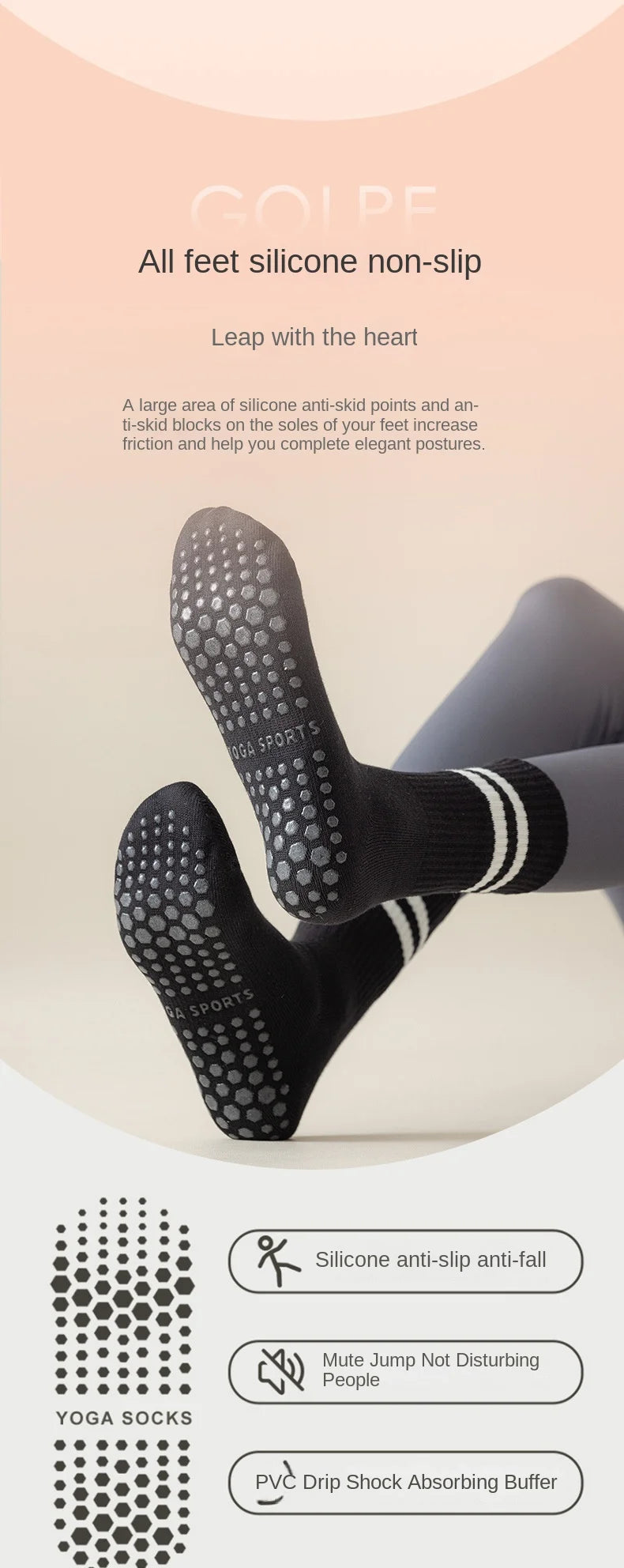 1 pair of women's yoga socks, skipping rope sports socks, Pilates indoor anti slip floor socks, double bar mid leg socks