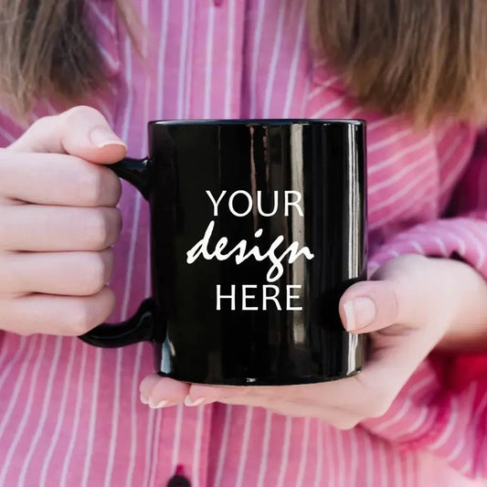 Custom Black Ceramic Mug 11oz – DIY Family Photo or Company Logo Personalized Cup