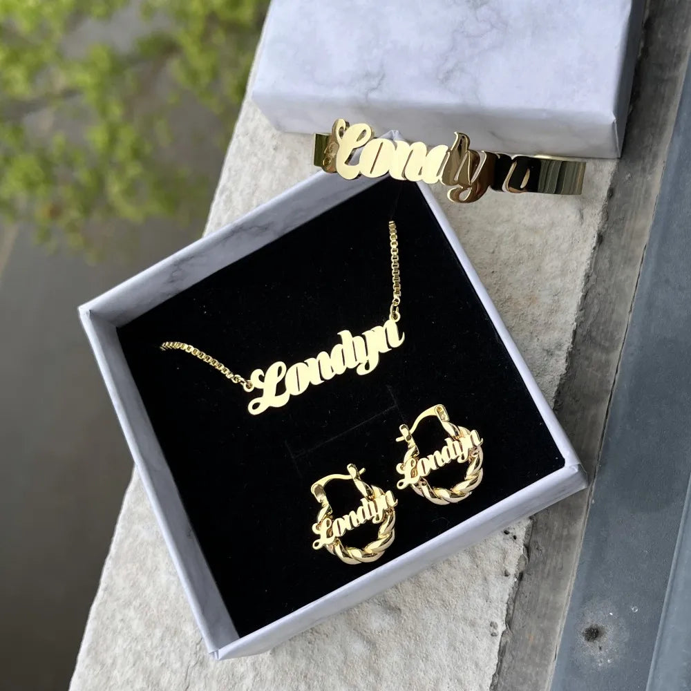 Jewelry Set Personalized Letter Necklace Customized Name Bangles Stainless Steel Mini Hoop Earrings 18mm