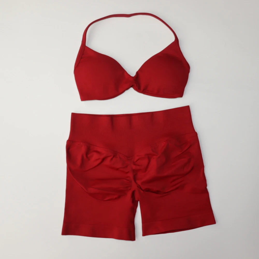 Impact Gym Set 2 Piece Women Strappy Yoga Bra Top Workout Scrunch Shorts Sports Suit Fitness Clothes