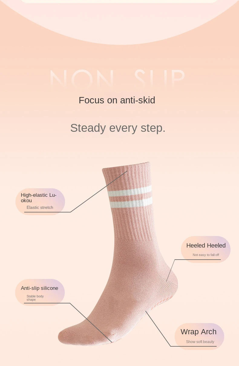 1 pair of women's yoga socks, skipping rope sports socks, Pilates indoor anti slip floor socks, double bar mid leg socks