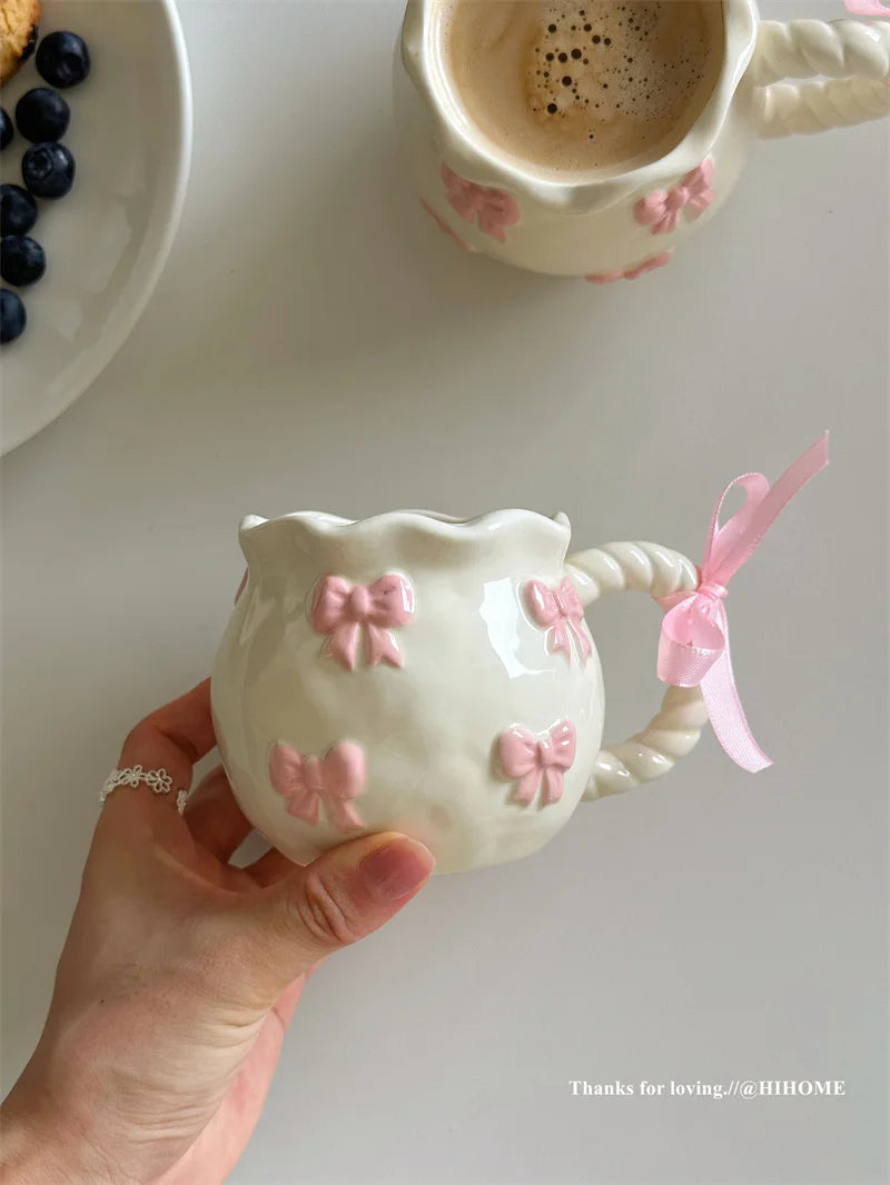 Handmade Irregular Mug, Pink Three-dimensional Bow Coffee Cup, Artistic Niche Mug Gift Ceramic Water Cup