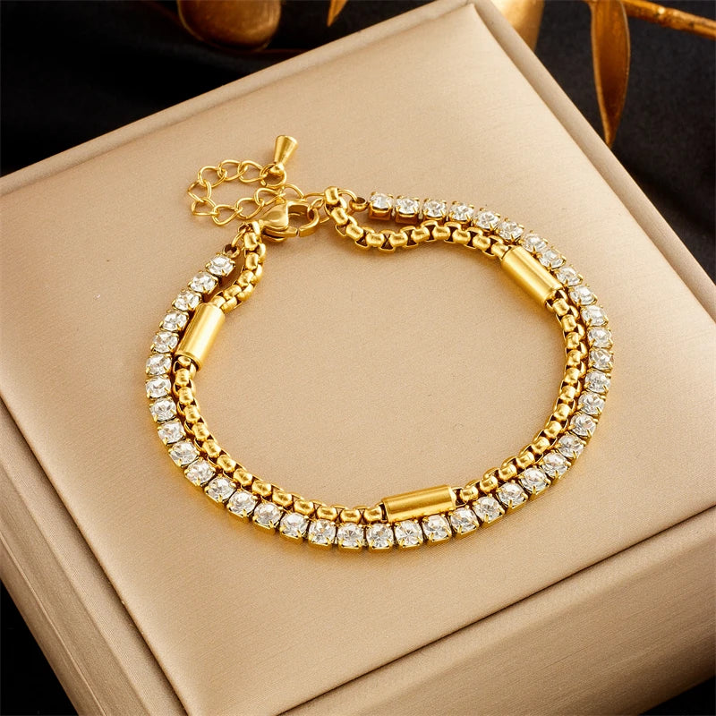 White Sparkling Zircon 2in1 Chains Bracelet