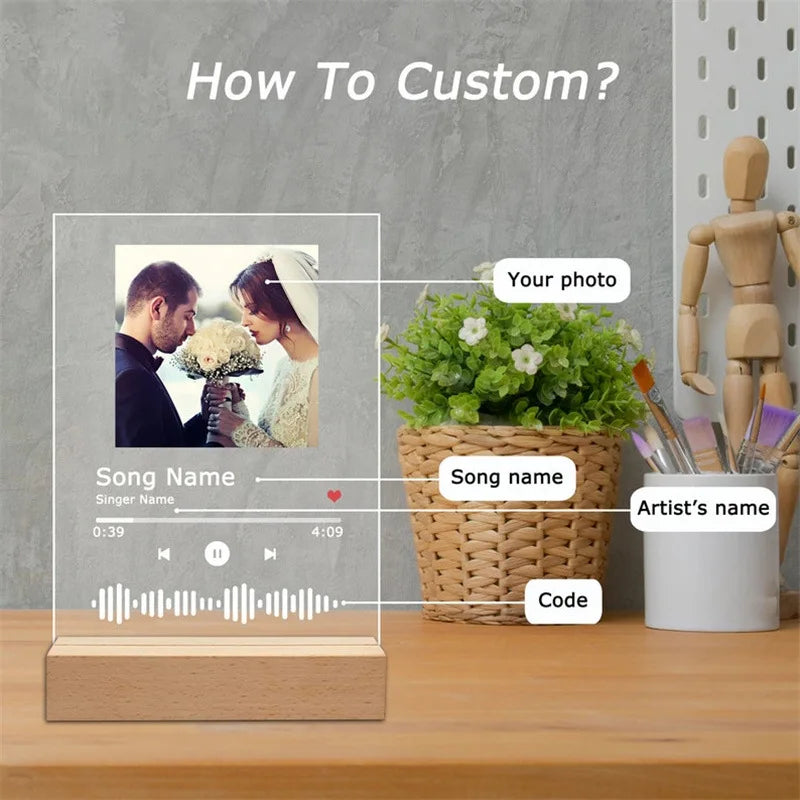Custom Spotify Plaques with LED Light Scannable Code Photo Acrylic Music Song Album Plaques Night Light Gifts for Couples Lover