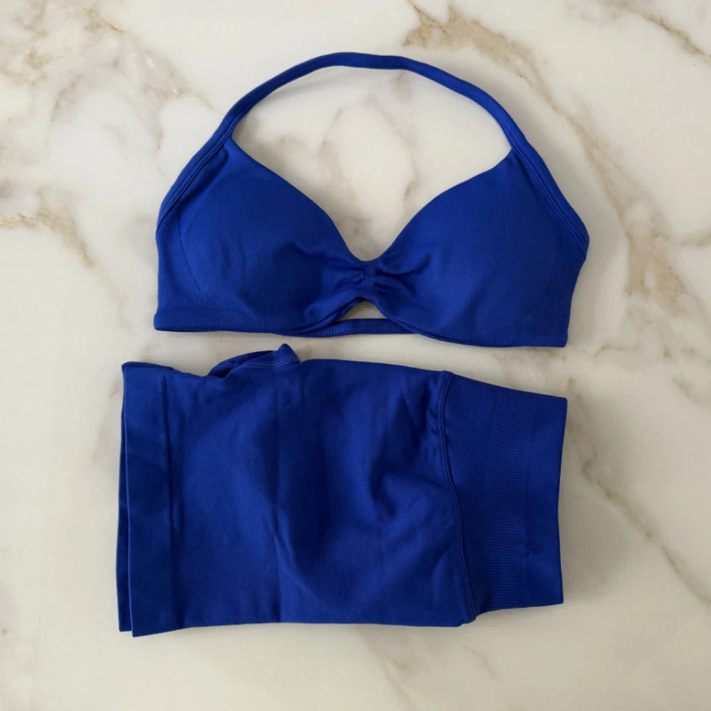 Impact Gym Set 2 Piece Women Strappy Yoga Bra Top Workout Scrunch Shorts Sports Suit Fitness Clothes