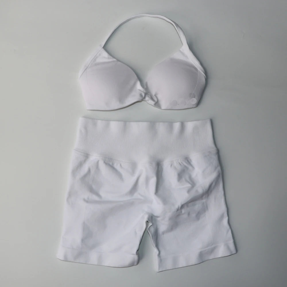 Impact Gym Set 2 Piece Women Strappy Yoga Bra Top Workout Scrunch Shorts Sports Suit Fitness Clothes
