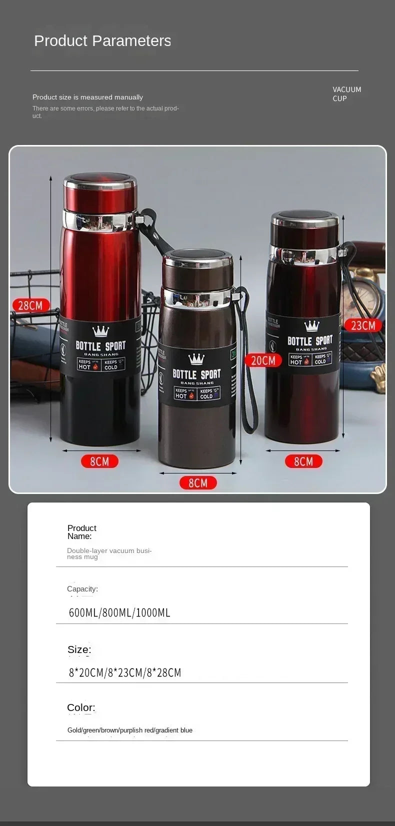1L Stainless Steel Thermal Water Bottle – Hot & Cold Thermos for Coffee, Tea, or Travel